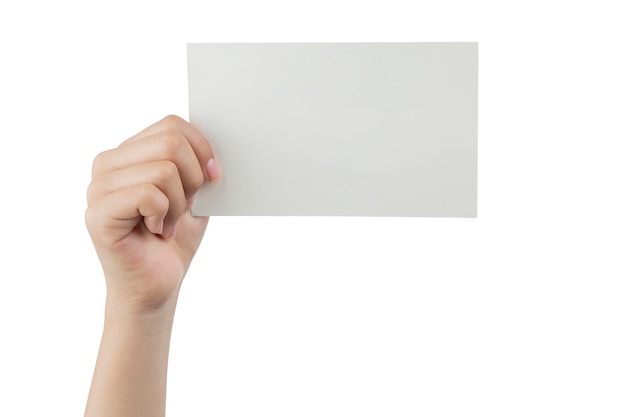 Hand of a young woman holding a white cardboard to mount an image or advertising text with a white background