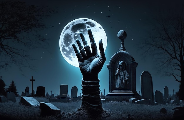 Hand of zombie rising from grave in cemetery at night Generative AI illustration