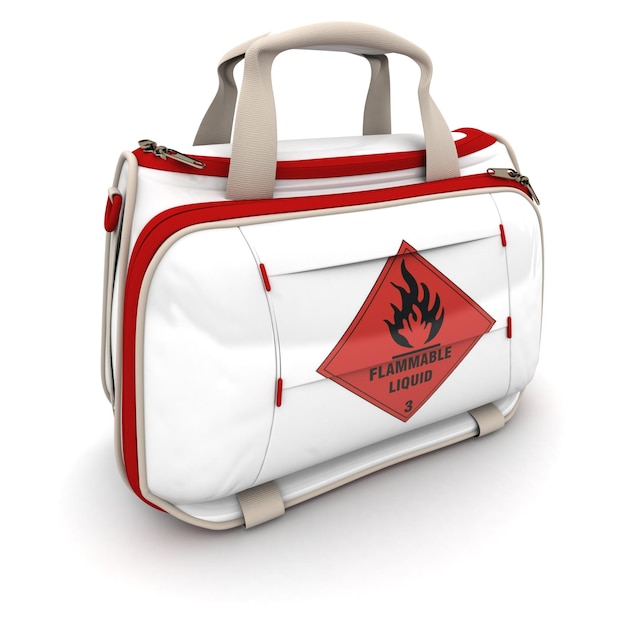 Handbag with a flammable liquid warning sign