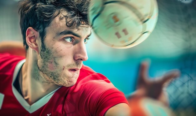 Photo handball player in defensive stance focused closeup