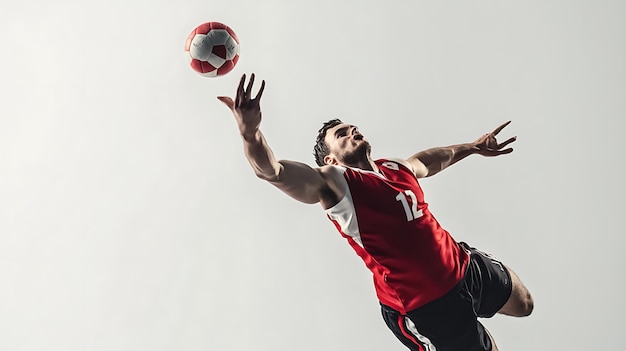 Photo handball player jumps for a shot isolated on white background