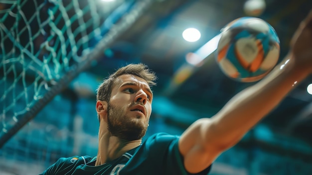 Handball player throwing the ball towards the goal with power