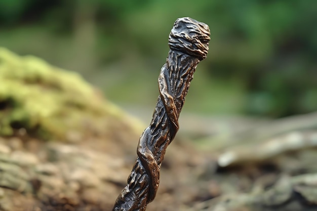 A handcarved walking stick leaning