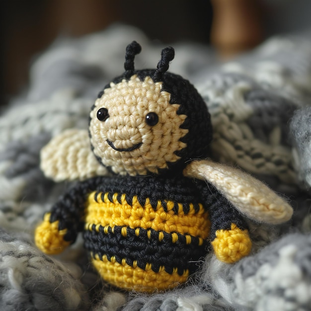 Handcrafted Amigurumi Bee Sits on Crocheted Blanket Charming Crochet for Kids and Collectors