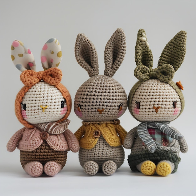 Handcrafted Amigurumi Bunnies Sitting Together in Vibrant Attire Perfect for Gifts and Decor