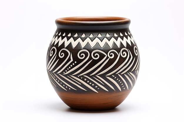 Handcrafted Ceramic Pot With Intricate White Design on Black Background on White or PNG Transparent Background