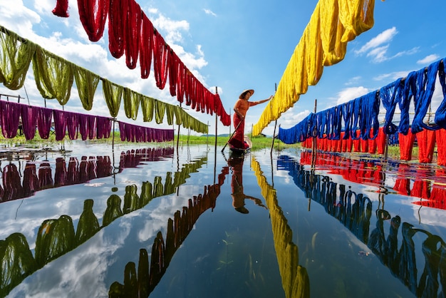 Handcrafted colorful lotus fabrics made from lotus fibers in Inle Lake, Shan State in Myanmar.