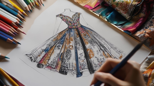 Photo a handcrafted dress design emerges from vibrant sketches and beautiful fabrics