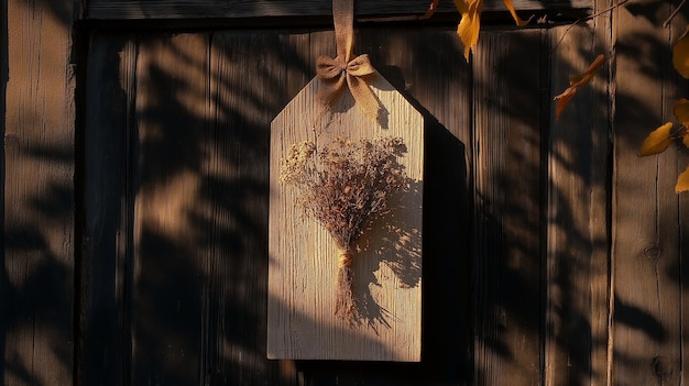 Photo handcrafted fall door hanger featuring a wooden plank design with dried flowers and burlap ribbon decor