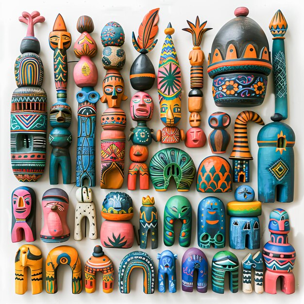 Handcrafted Folk Toys Collection Colorful Artistic Display of Vibrant Handmade Toys with Intricate