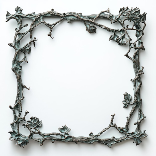 Handcrafted metallic frame with intricate vine leaf design on white background