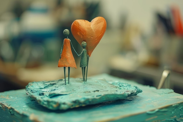 Handcrafted Miniature Couple with Heart Balloon in Artisan Workshop Environment