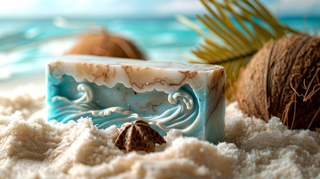 Photo handcrafted ocean wave soap on sandy beach with coconut and palm leaves