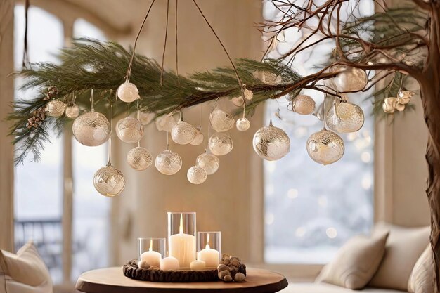 Handcrafted ornaments glow in ambient light evoking a cozy holiday atmosphere