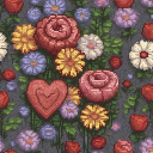 Photo handcrafted pixel art cross stitch pattern featuring vibrant flowers and a heart