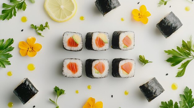 Photo handcrafted traditional japanese sushi flatlay on glass countertop