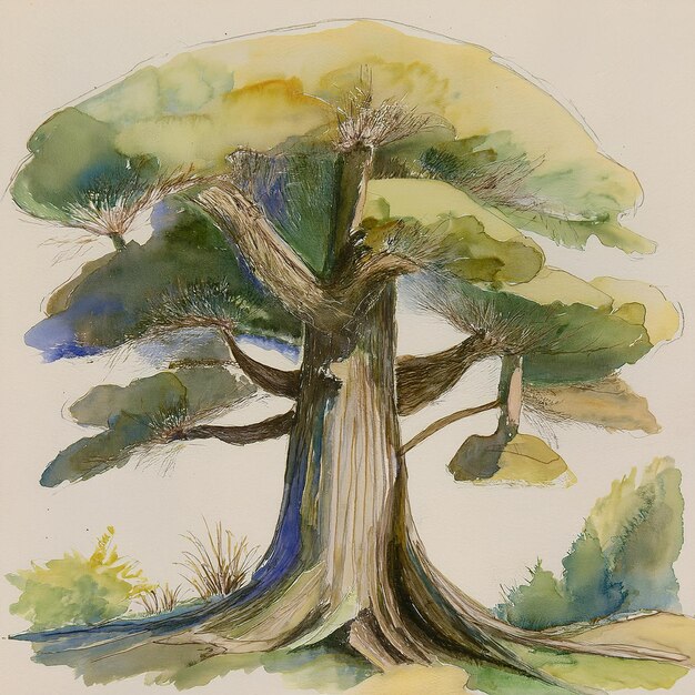 Photo handcrafted watercolor study of tree parts without man