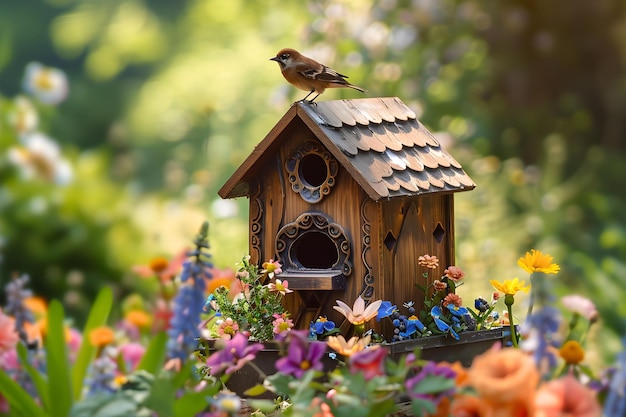 Photo handcrafted wooden birdhouse in vibrant spring garden showcasing artisanal skills and natures beau