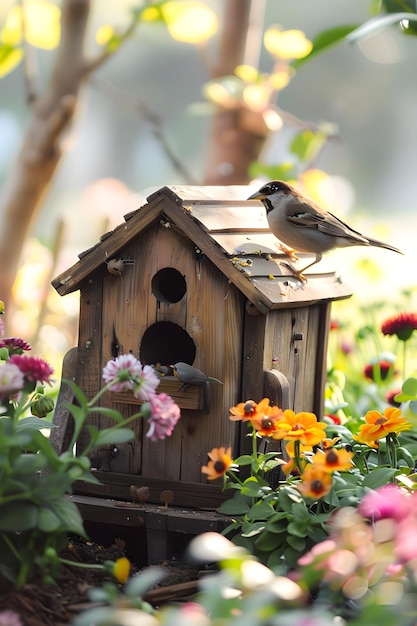 Photo handcrafted wooden birdhouse in vibrant spring garden showcasing artisanal skills and natures beau