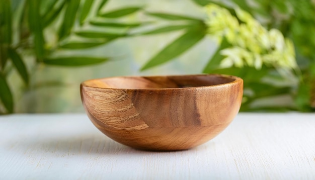 Photo handcrafted wooden bowl empty bowl for food mockup closeup natural backdrop