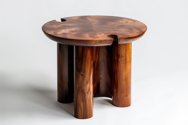 Handcrafted wooden stool featuring a circular top and unique leg design showcasing natural grain patterns and artisan craftsmanship