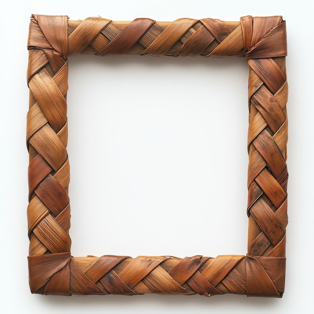 Photo handcrafted woven wooden frame with intricate braiding on white background