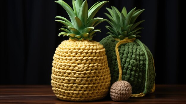 Handcrafted Yellow Knit Pineapple with Green Crochet Top on Wooden Background