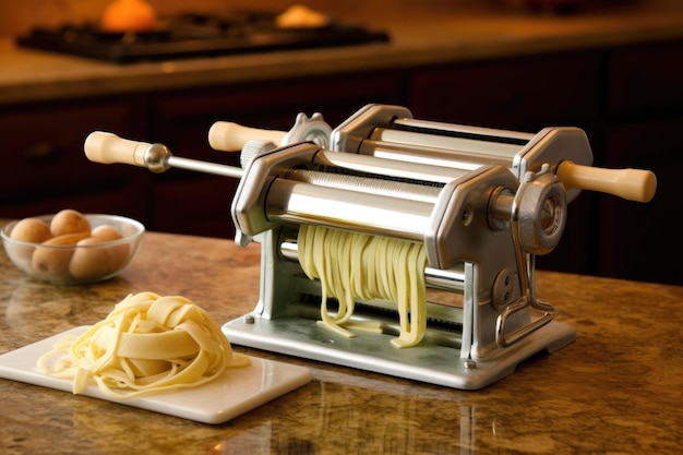 Handcranking pasta machine with dough sheet created with generative ai