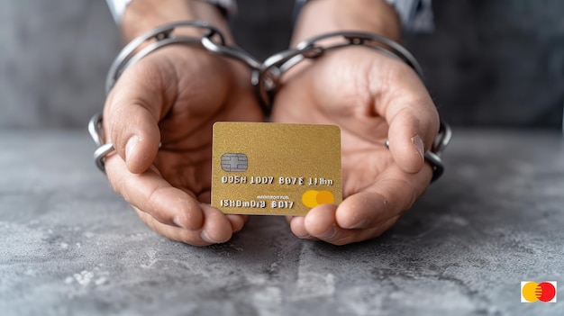 Photo handcuffed hands holding credit card