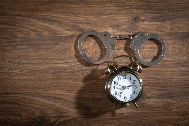 Handcuffs and alarm clock on the wooden background