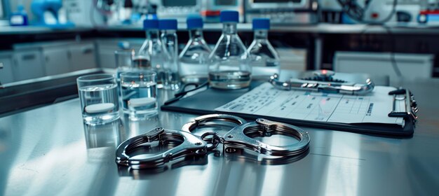 Photo handcuffs and forensic tools on stainless steel table in police lab crime investigation concept