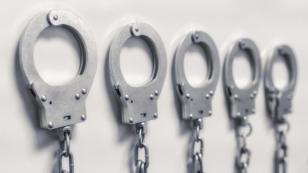 The handcuffs hang in a row on a chain on the wall Selective focus