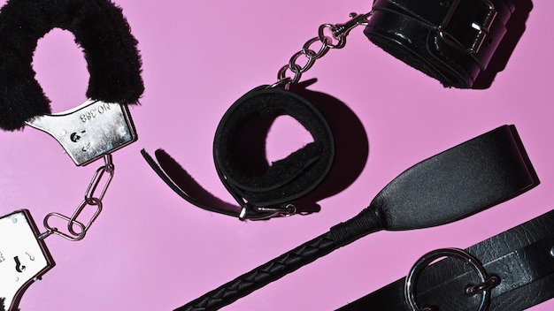 Handcuffs whip flogger for BDSM sex with submission and domination A set of adult intimate erotic sex toys