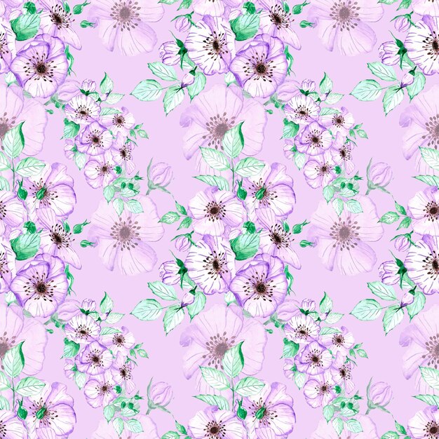 Handdrawn anemone seamless pattern Watercolor purple flowers with green leaves on the purple background Scrapbook design typography poster label banner textile