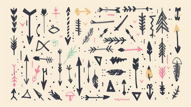 Handdrawn arrows feathers and geometric shapes on beige background