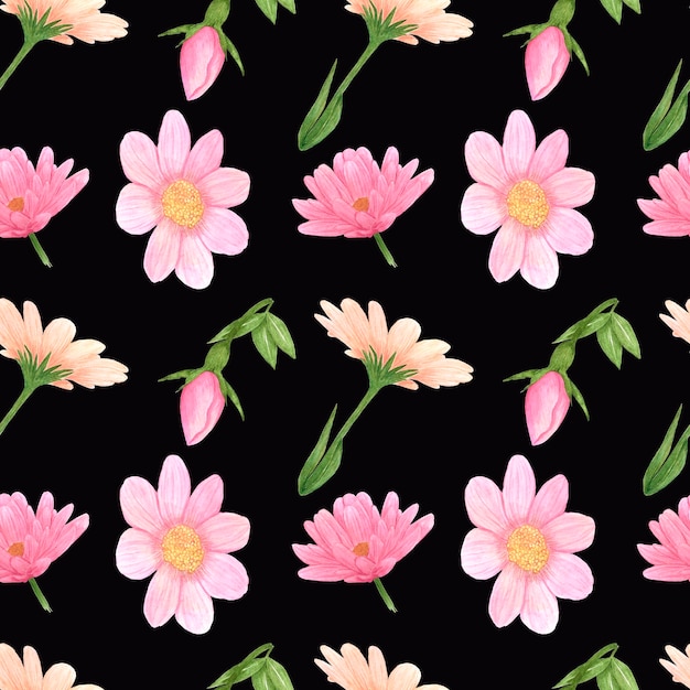 Handdrawn aster seamless pattern Watercolor pink flowers with green leaves on the black background