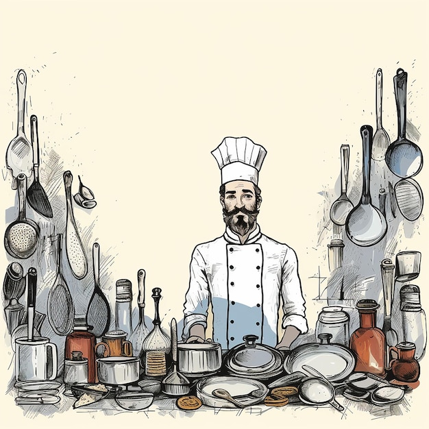 Photo handdrawn background of chef with kitchen utensils