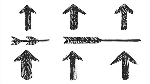 Photo handdrawn black and white arrow illustrations set featuring various styles and directions for design projects