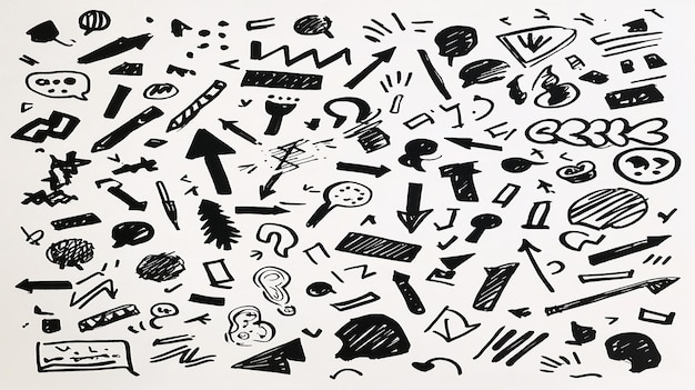 Handdrawn black and white arrow illustrations set featuring various styles and directions for design projects