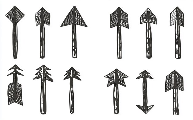 Photo handdrawn black and white arrow illustrations set featuring various styles and directions for design projects