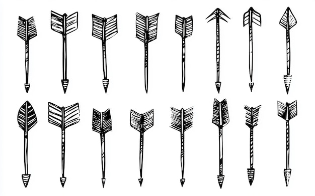 Handdrawn black and white arrow illustrations set featuring various styles and directions for design projects