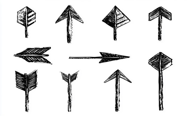 Photo handdrawn black and white arrow illustrations set featuring various styles and directions for design projects