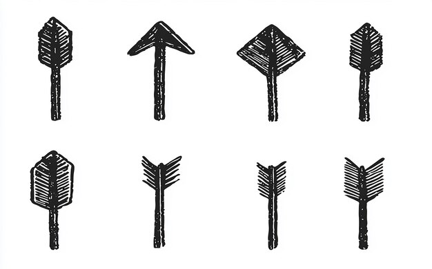 Handdrawn black and white arrow illustrations set featuring various styles and directions for design projects