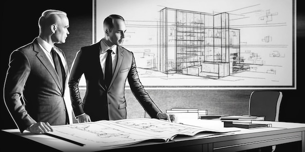 Handdrawn black and white sketch real estate developer and architect discussing new housing development project in office