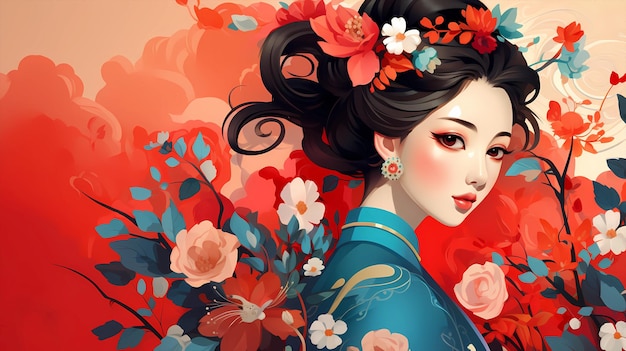 Handdrawn cartoon beautiful illustration of a girl in ancient Chinese costume among flowers