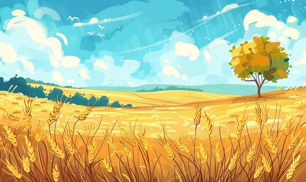 Photo handdrawn cartoon of a lovely fall wheat field inspired by vincent van gogh generative ai