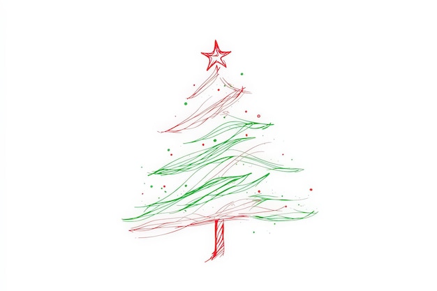 Photo handdrawn christmas tree with red star and ornaments isolated on white