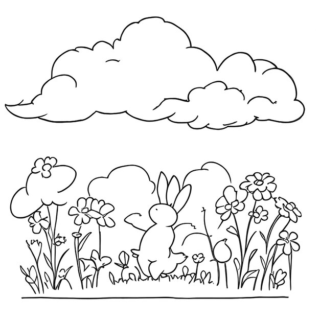 Handdrawn cute bunny coloring book illustration