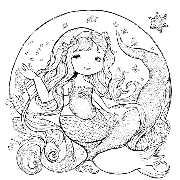 Handdrawn cute mermaid with starfish and bubble coloring book illustration