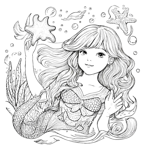 Handdrawn cute mermaid with starfish and bubble coloring book illustration